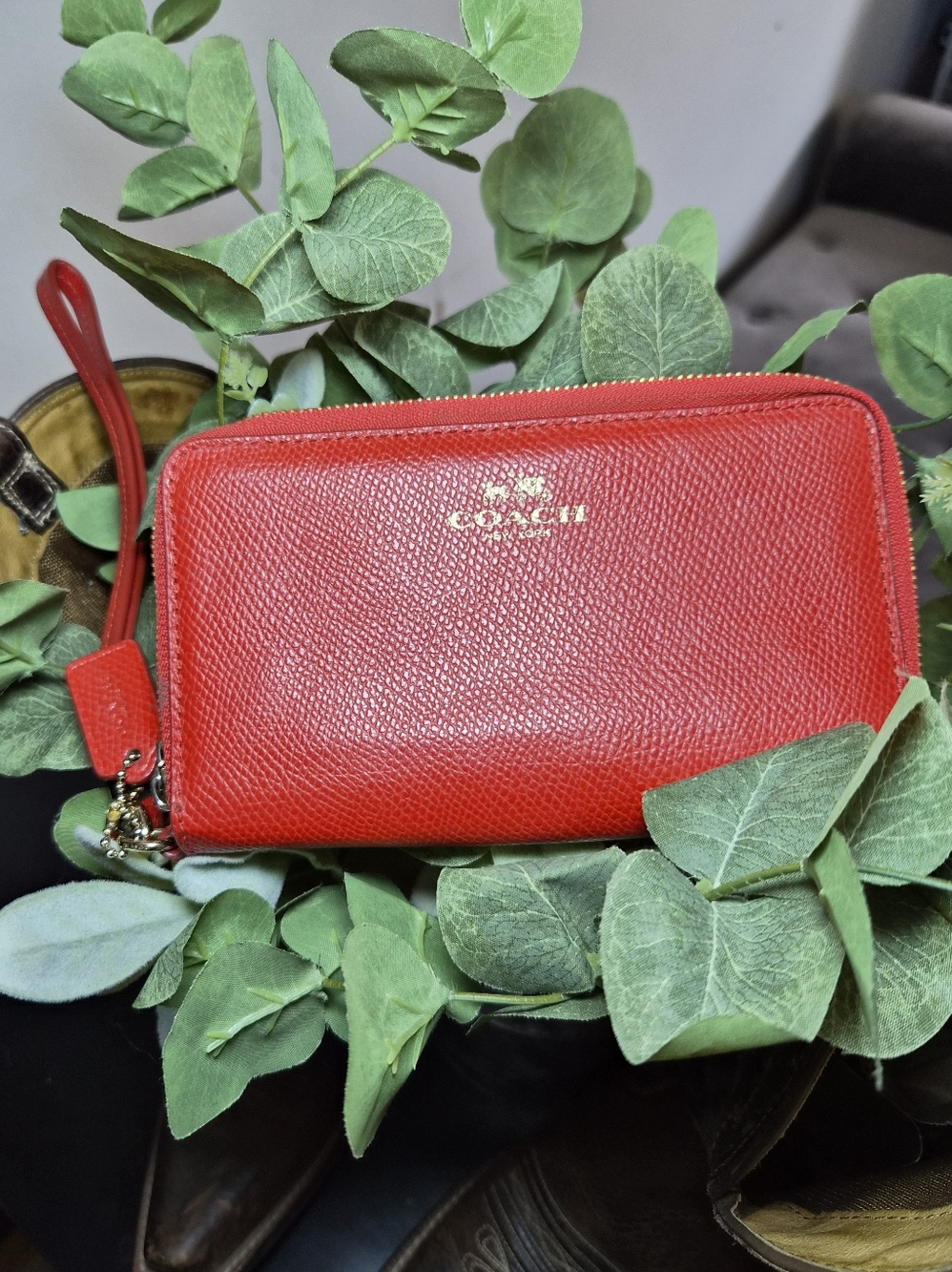 Coach Red Leather Wallet Double Zip-Around with Gold Logo